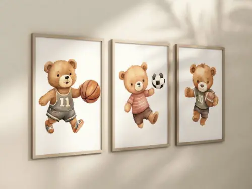 Kit 3 Quadros Moldura Ursinho Bola Berçário 24x34