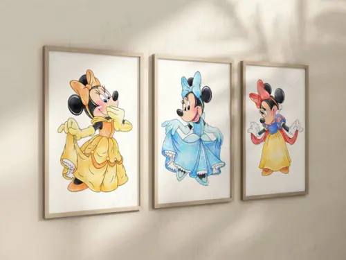 Kit 3 Quadros Decorativos Moldura Minnie Princesa B A4 24x34