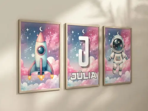 Kit 3 Quadros Decorativo Moldura Astronauta Infantil Persona