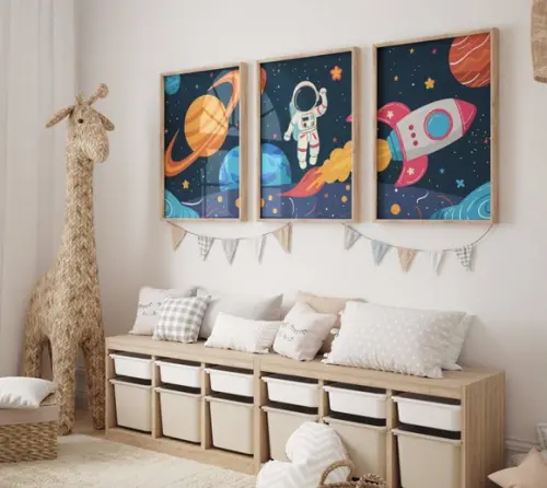 Kit 3 Quadros Decorativo Moldura Astronauta B Infantil 34x44