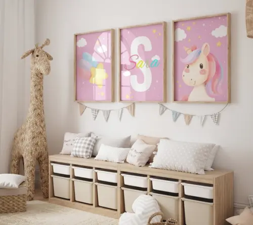 Kit 3 Quadros Moldura Unicórnio Estrelinha Berçário A3 34x44