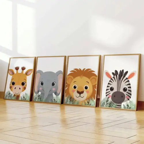 Kit 4 Quadros Moldura Bebe Safari Berçário A3 34x44