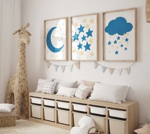 Kit 3 Quadros Boho Lua Estrela e Nuvem Infantil Decorar A3