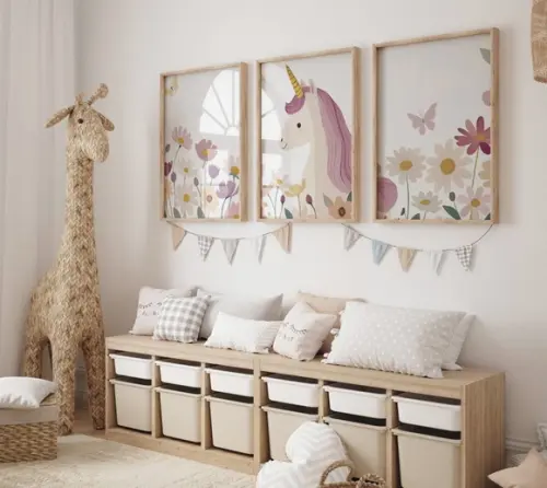 Kit 3 Quadros Decorativos Moldura Unicórnio Infantil A3