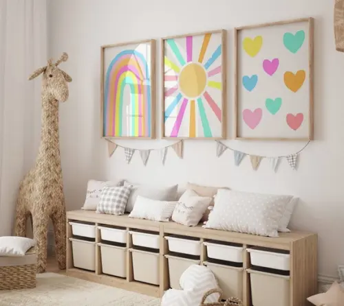 Kit 3 Quadros Decorativo Boho Coração Sol Arco-iris A3 B