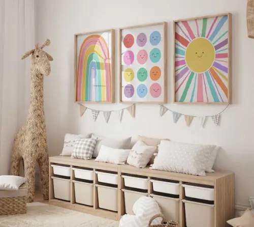 Kit 3 Quadros Boho Arco-iris Emoticon Sol Infantil Decora A3