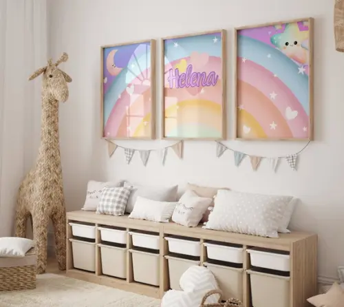Kit 3 Quadros Boho Arco-iris Coração Infantil Nome A3 B