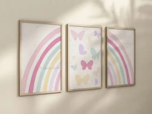 Kit 3 Quadros Boho Arco-iris Borboleta Infantil Decora