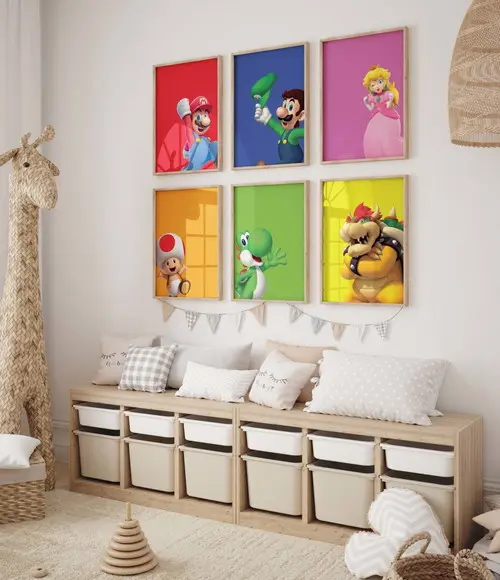 Kit 6 Quadros Decorativos Moldura Mario Personagens A3 c
