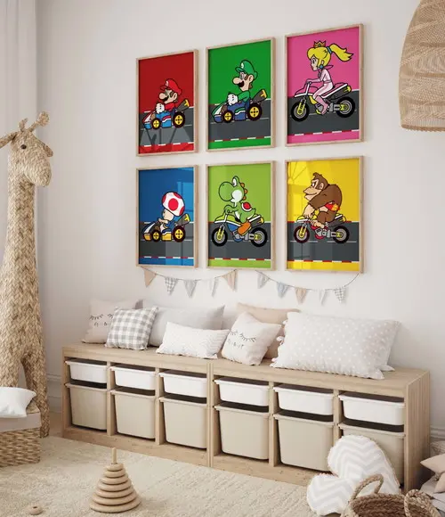 Kit 6 Quadros Decorativos Moldura Mario Kart A3