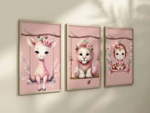 Kit 3 Quadros Decorativos Moldura Safari Animais Menina B