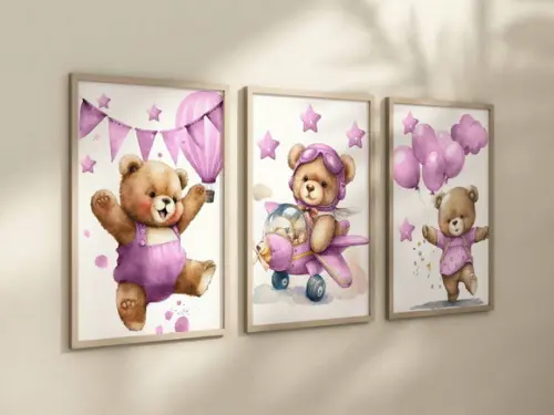 Kit 3 Quadros Decorativos Moldura Ursinha Pelúcia Menina
