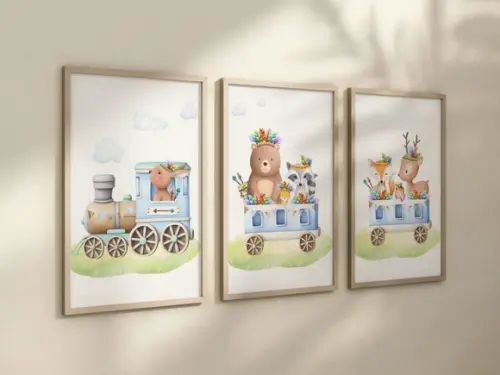 Kit 3 Quadros Decorativos Moldura Safari Animais Trenzinho