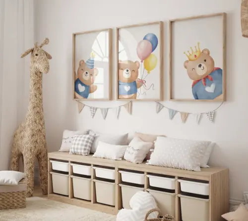 Kit 3 Quadros Decorativo Moldura Ursinhos Fofo Menino A3
