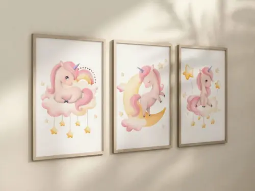 Kit 3 Quadros Decorativos Moldura Unicórnio Infantil Decorar