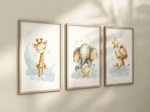 Kit 3 Quadros Decorativos Moldura Bebe Safari Dormindo Feliz