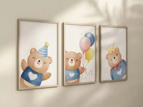 Kit 3 Quadros Decorativo Moldura Ursinhos Fofo Menino