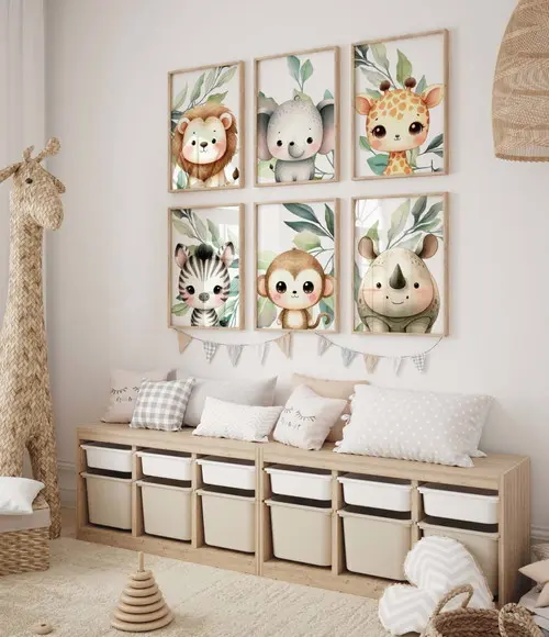 Kit 6 Quadros Decorativos Moldura Safari Infantil A3