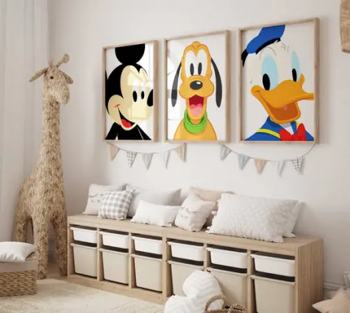 Kit 3 Quadros Decorativos Moldura Mickey Pluto Donald