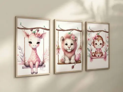 Kit 3 Quadros Decorativos Moldura Safari Animais Menina