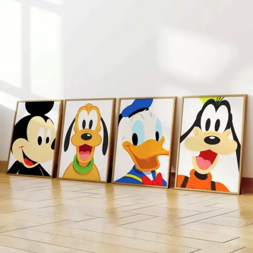 Kit 4 Quadros Decorativos Moldura Mickey Pluto Donald Pateta