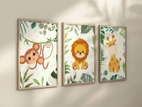 Kit 3 Quadros Decorativos Moldura Bebe Safari Animal Feliz G