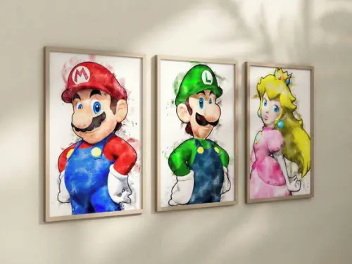 Kit 3 Quadros Decorativos Moldura Mario Personagens Aquarela