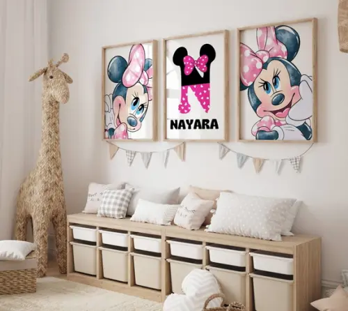 Kit 3 Quadros Decorativos Moldura Minnie Baby Personaliza A3