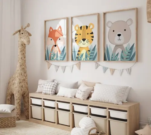 Kit 3 Quadros Decorativos Moldura Bebe Safari Animal A3 B