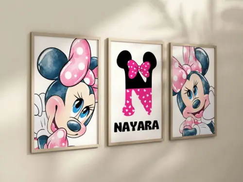 Kit 3 Quadros Decorativos Moldura Minnie Personalizado