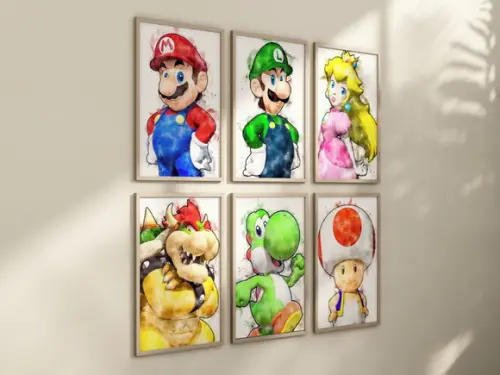 Kit 6 Quadros Decorativos Moldura Mario Personagens Arte G