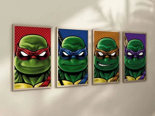 Kit 4 Quadros Decorativo Moldura Tartaruga Ninjas Decorar