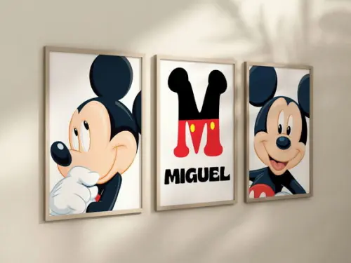 Kit 3 Quadros Decorativos Moldura Mickey Personalizado Nome