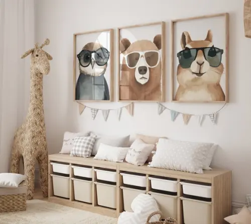 Kit 3 Quadros Decorativo Coruja Urso Esquilo Berçário A3