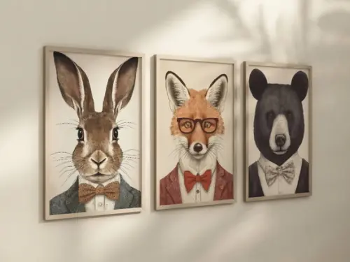 Kit 3 Quadros Decorativo Animais Gravata Decoração