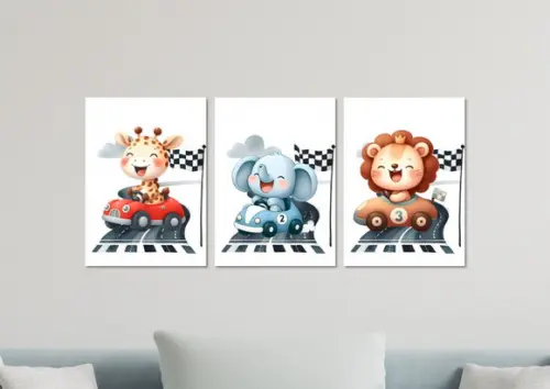 Kit 3 Placas Quadros Decorativos Safari Infantil Carrinho