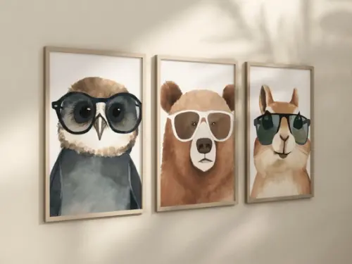 Kit 3 Quadros Decorativo Coruja Urso Esquilo Berçário