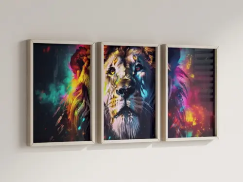 Kit 3 Quadros Decorativo Moldura Leão Colorido Arte Moderna