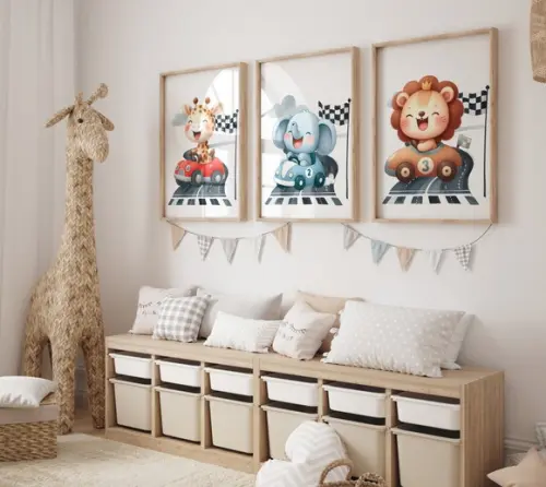 Kit 3 Quadros Decorativos Moldura Bebe Safari Carrinho A3
