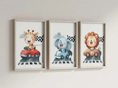 Kit 3 Quadros Decorativos Moldura Bebe Safari Carrinho