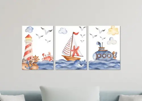 Kit 3 Placas Decorativas Quadro Mar Barco Submarino Infantil