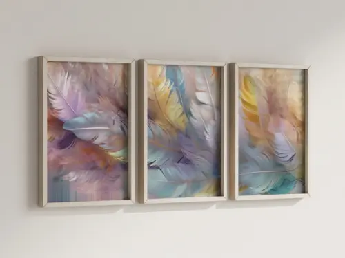 Kit 3 Quadros Decorativo Moldura Arte Penas Sala Quarto