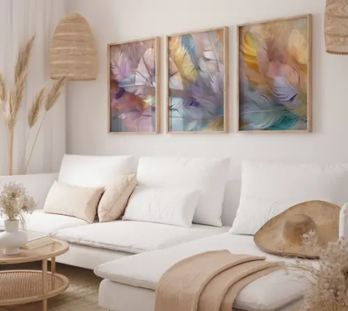 Kit 3 Quadros Decorativo Moldura Arte Pena Sala Quarto A3