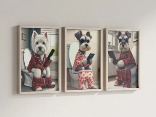 Kit 3 Quadros Decorativo Moldura Cachorro Banheiro c