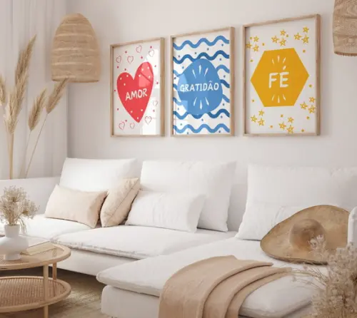 Kit 3 Quadros Decorativo Moldura Amor Fé Gratidão A3