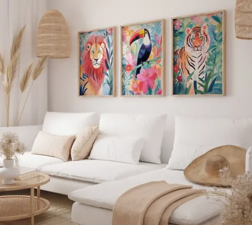 Kit 3 Quadros Decorativo Moldura Selva Safari Animais A3