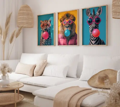 Kit 3 Quadros Decorativos Moldura Animais Arte Moderna A3