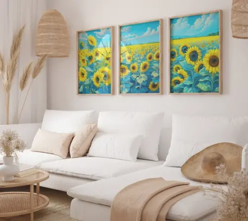 Kit 3 Quadros Moldura Flores Girasol Sala Quarto A3