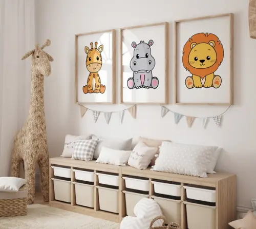 Kit 3 Quadros Decorativos Moldura Safari Infantil A3 B