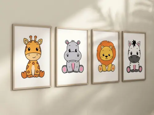 Kit 4 Quadros Decorativos Moldura Safari Infantil